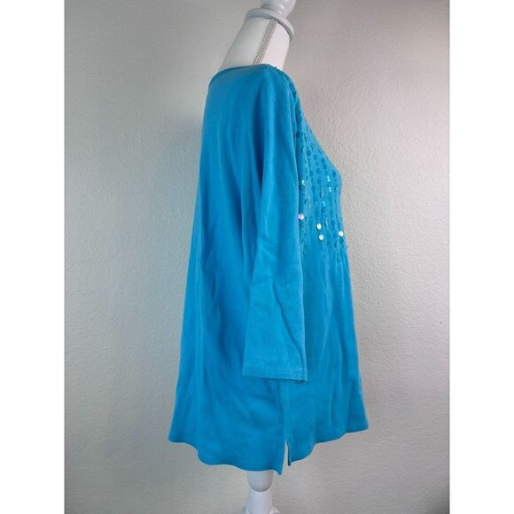 Quacker Factory women's large light blue v-neck‎ 3/4 sleeve sequin shimmer top - Picture 4 of 8